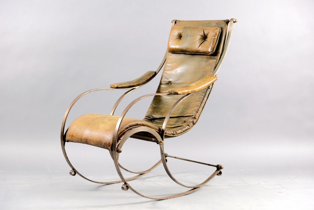 Antique Leather and Metal Rocking Chair by Peter, Cooper for R.W. ...