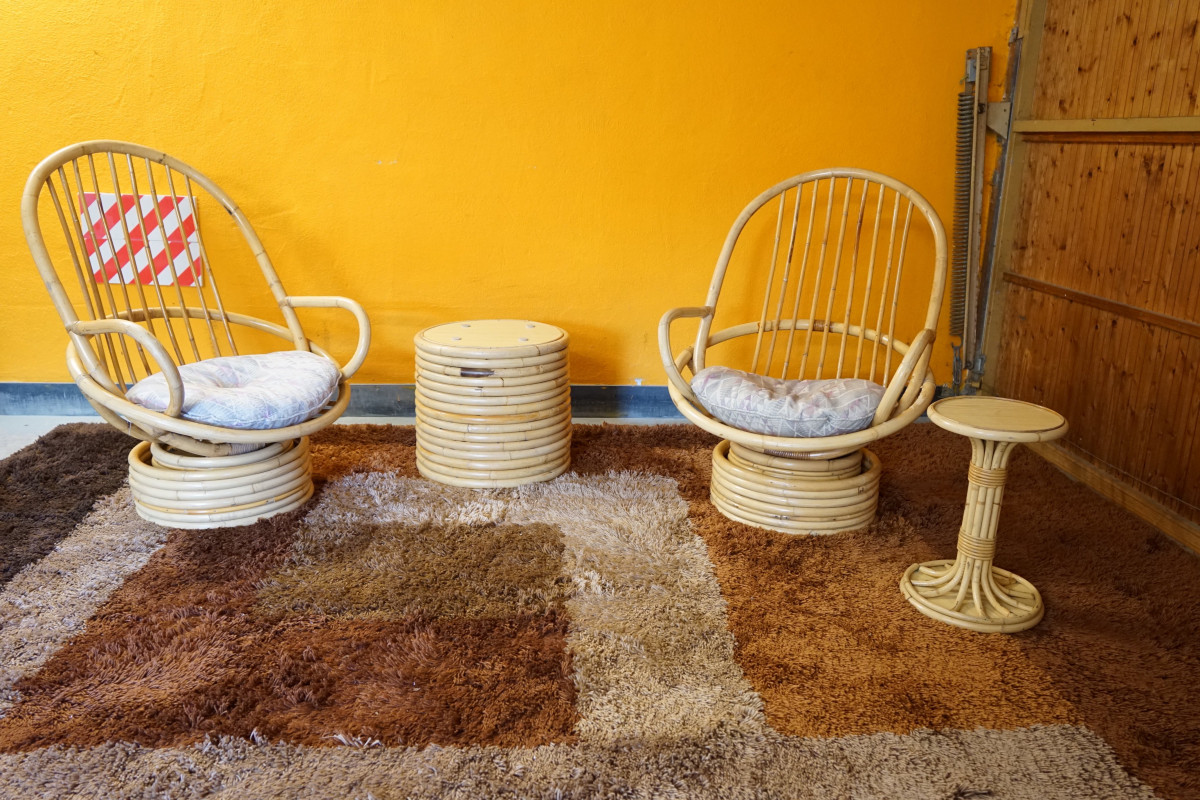 Italienischer Tisch und Sessel aus Bambus & Rattan, 1950er, 4er Set