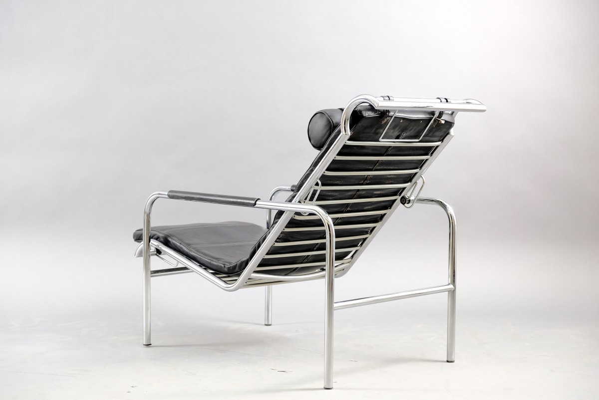 Vintage Chrome and Black Leather Genni Lounge Chair by Mucchi for Zanotta, 1930s