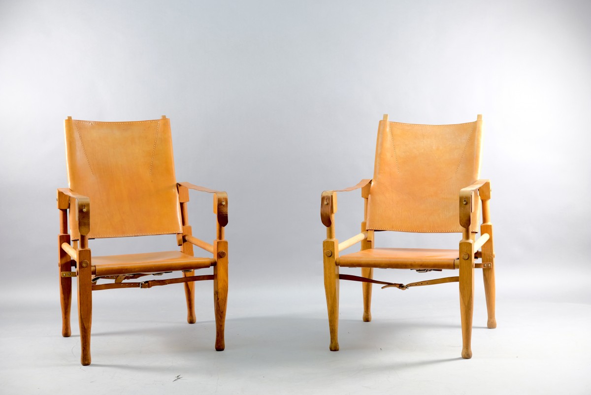 Vintage Cognac Leather Safari Lounge Chairs by Wilhelm Kienzle for Wohnbedarf, Set of 2