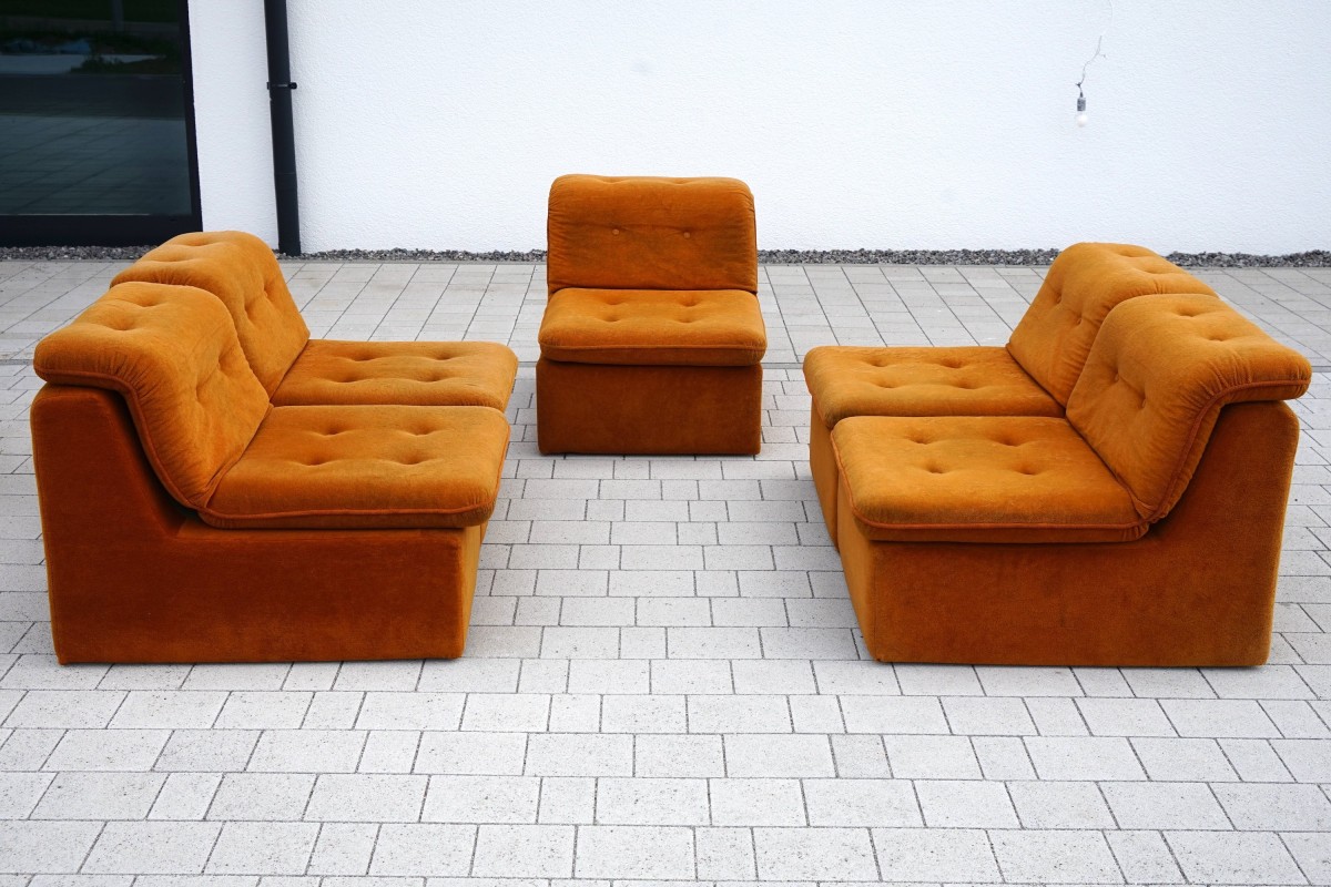 Vintage Flower Power Sofa Elemente aus Orangefarbenem Samt, 1970er, 7 Set