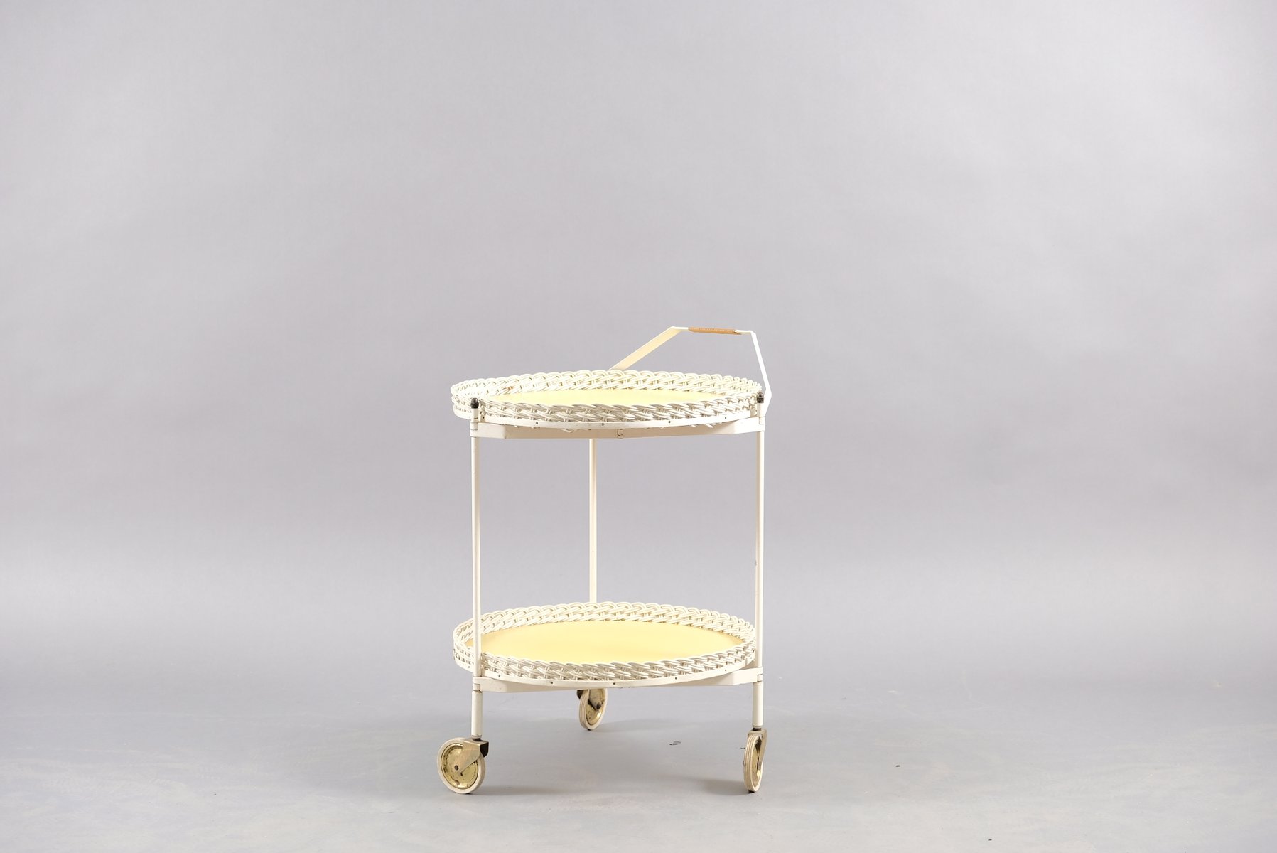 Vintage Folding Rattan & White Metal Tea Cart, 1960s
