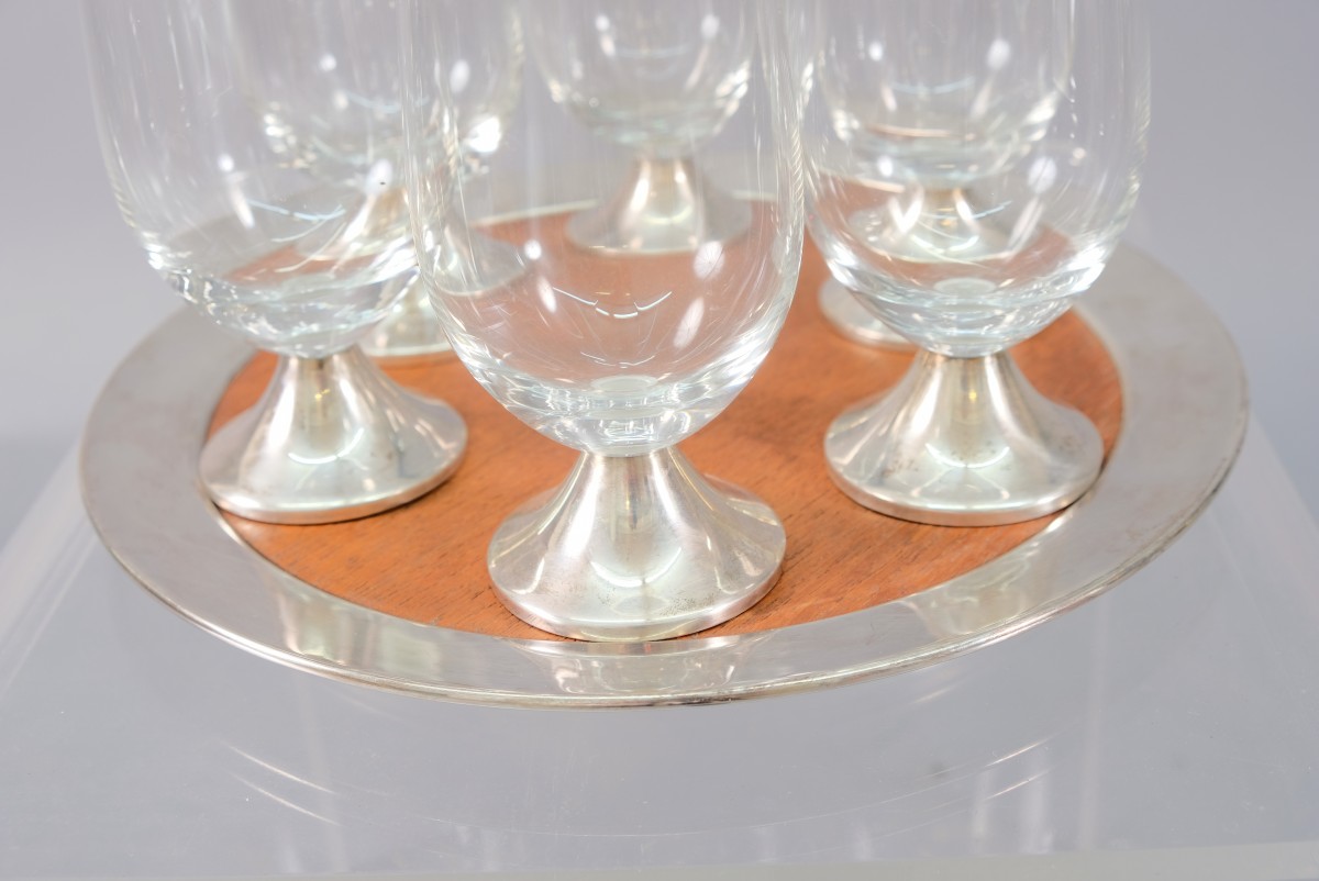 Vintage Model TW 142 Tray by Tapio Wirkkala and Glasses from Rosenthal, Set of 7